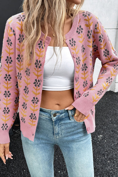 Pink Floral Button Down Ribbed Banded Cardigan Sweater