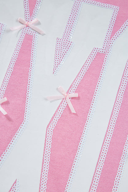 Pink Bow Sequin XOXO Letter Graphic Exposed Seam Baggy Sweatshirt