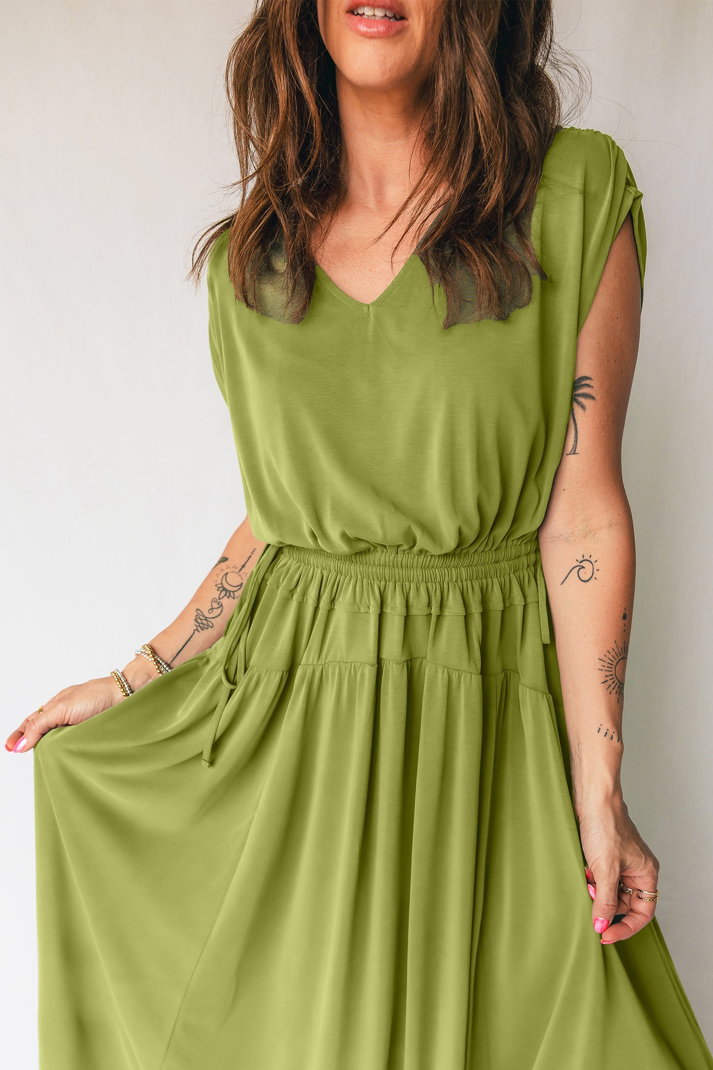 Fern Green Solid V Neck Cap Sleeve Tunic Elastic Waist Versatile Maxi Dress