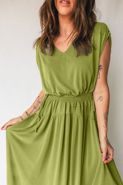 Fern Green Solid V Neck Cap Sleeve Tunic Elastic Waist Versatile Maxi Dress
