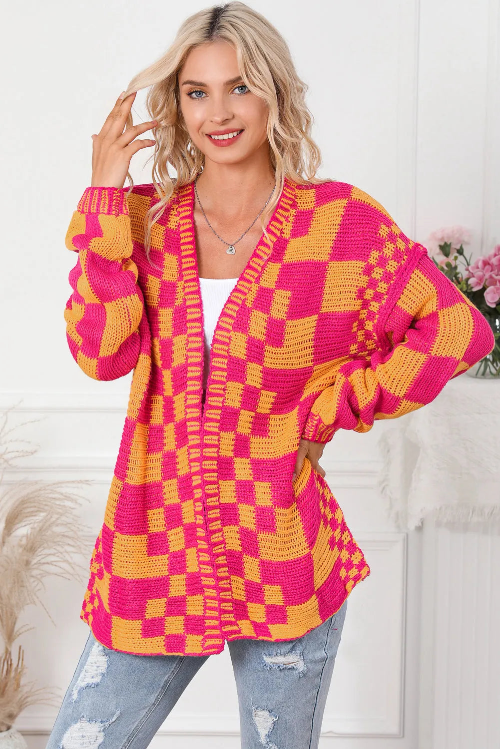 Multicolor Open Front Mixed Checkered Pattern Knit Cardigan - Chic Meadow Boutique 