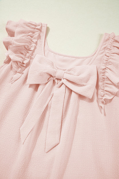 Light Pink Textured Flutter Sleeve Square Neck Bow Back Mini Dress
