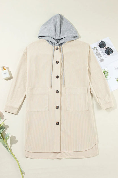 Beige Oversized Corduroy Contrast Hooded Shacket - Chic Meadow Boutique 