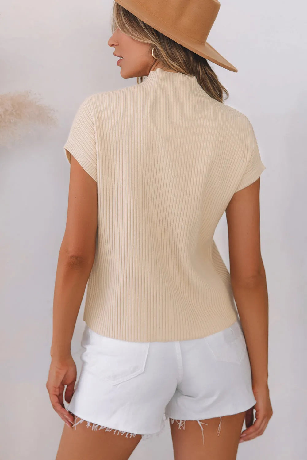 Oatmeal Patch Pocket Ribbed Knit Short Sleeve Sweater - Chic Meadow Boutique 