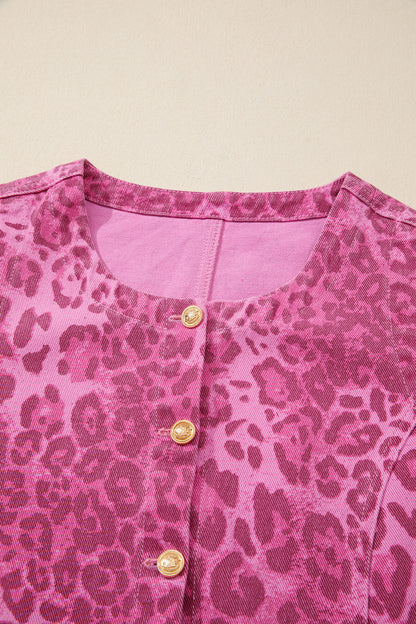 Pink Leopard Denim Buttoned Shift Sleeveless Dress
