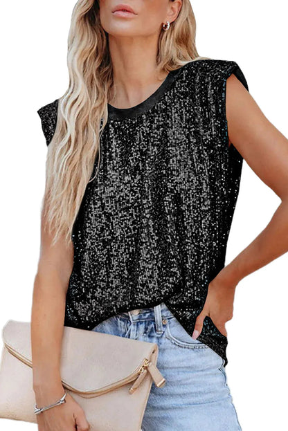 Black Apricot Sequin Round Neck Tank Top - Chic Meadow Boutique 