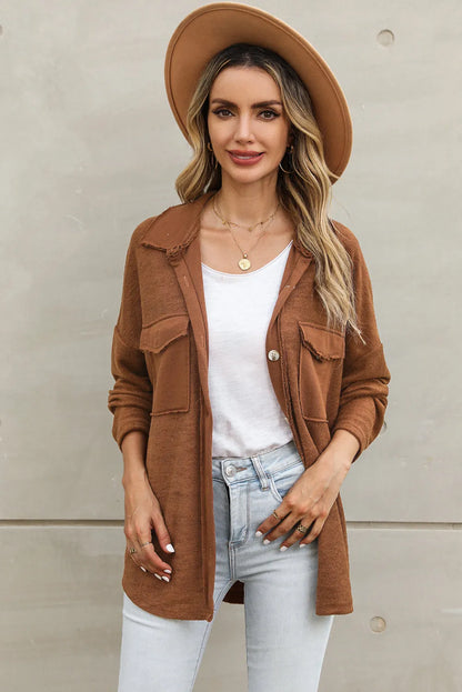 Brown Contrast Flap Pockets Relaxed Shacket - Chic Meadow Boutique 