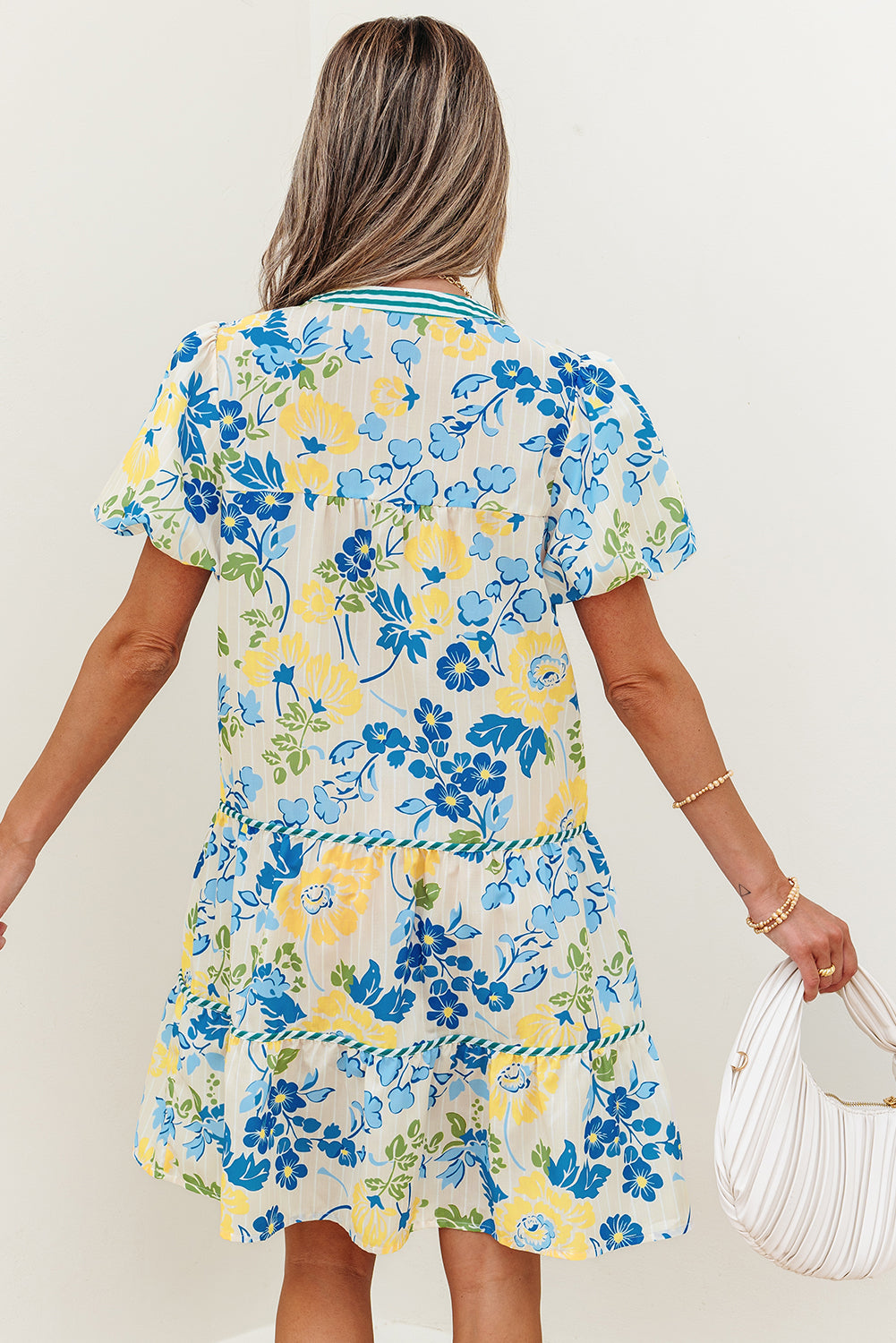 Blue Floral Striped Trim Puff Short Sleeve Dress