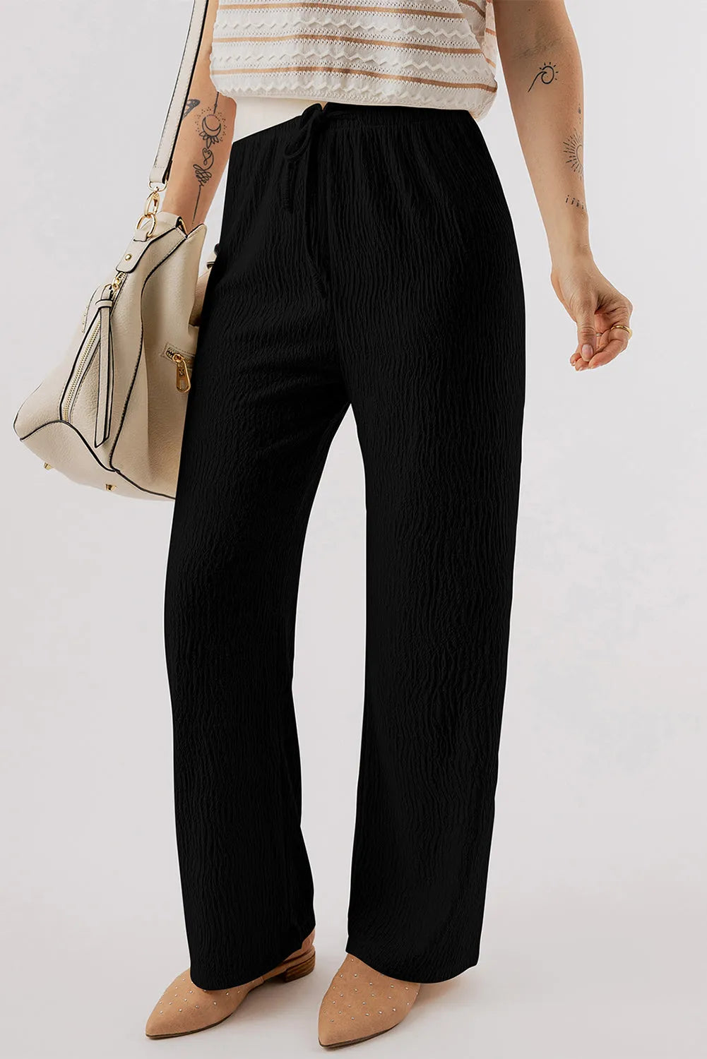 Black Textured Loose Drawstring Pants - Chic Meadow Boutique 