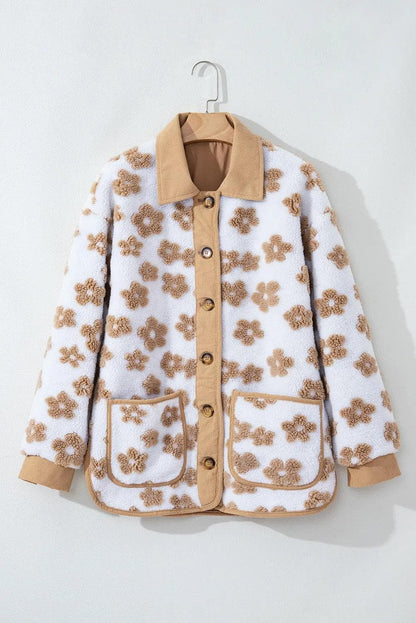 Outerwear/Jackets Light French Beige Cute Flower Pattern Button Up Fleece Jacket