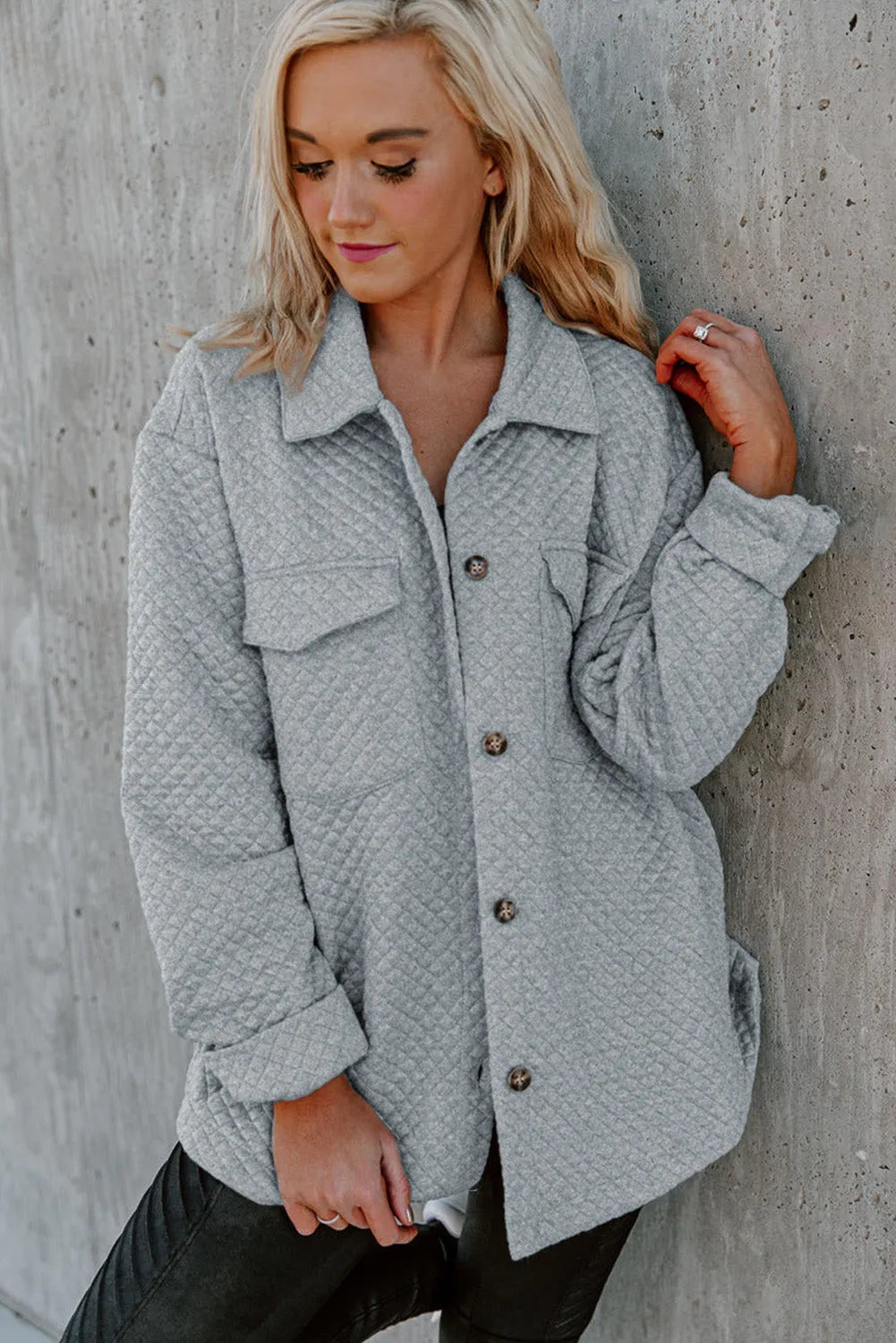 Gray Retro Quilted Flap Pocket Button Shacket - Chic Meadow Boutique 