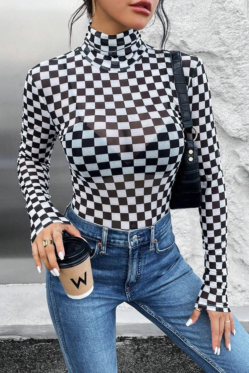 Black Checkered Printed Long Sleeve High Neck Bodysuit - Chic Meadow Boutique 