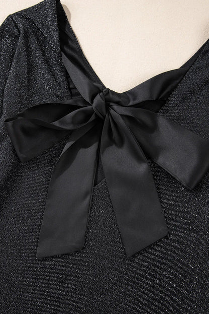 Black Metallic Bowknot Open Back V Neck Top - Chic Meadow Boutique 