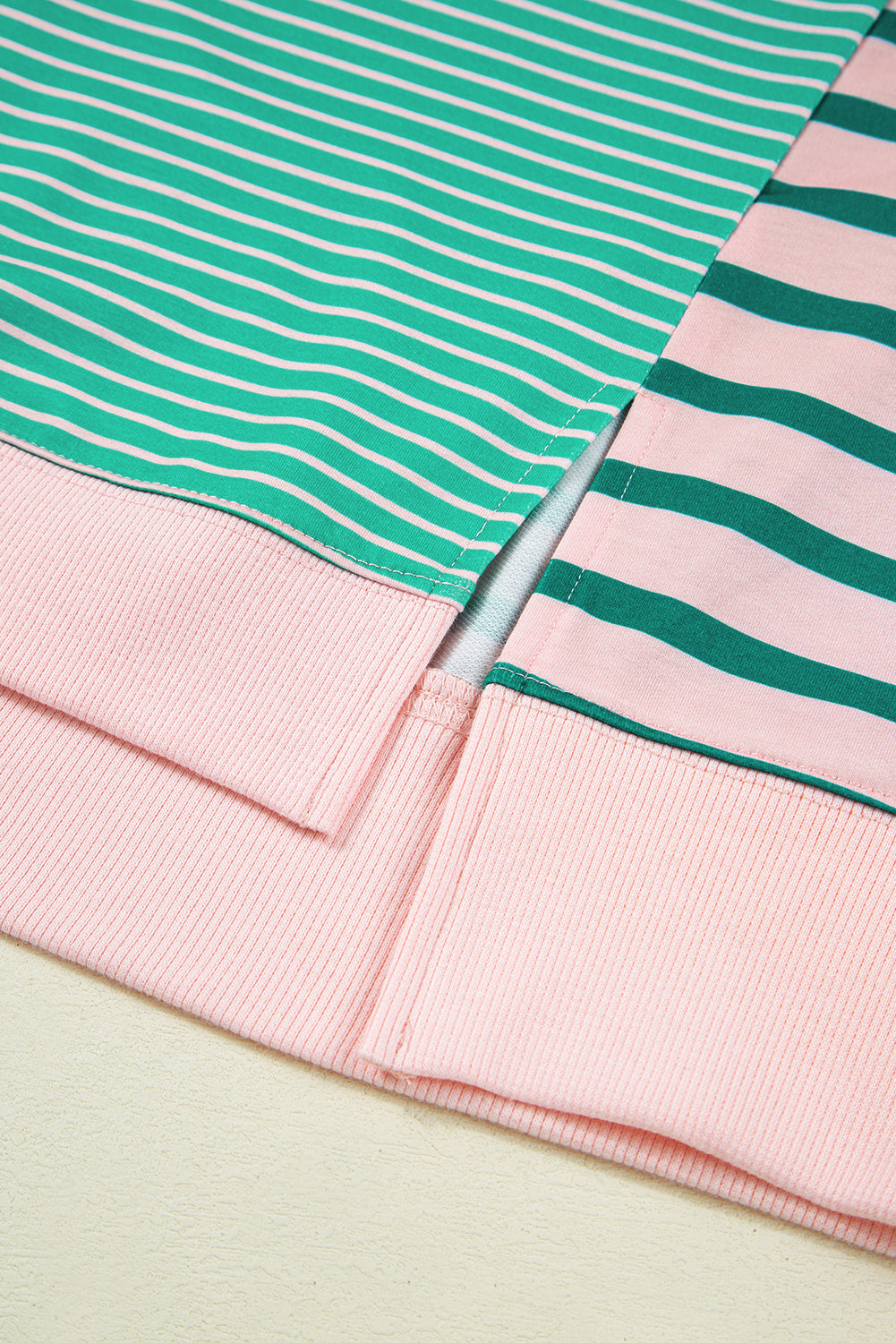 Green Stripe Color Block Exposed Seam Side Slit Plus Size Sweatshirt