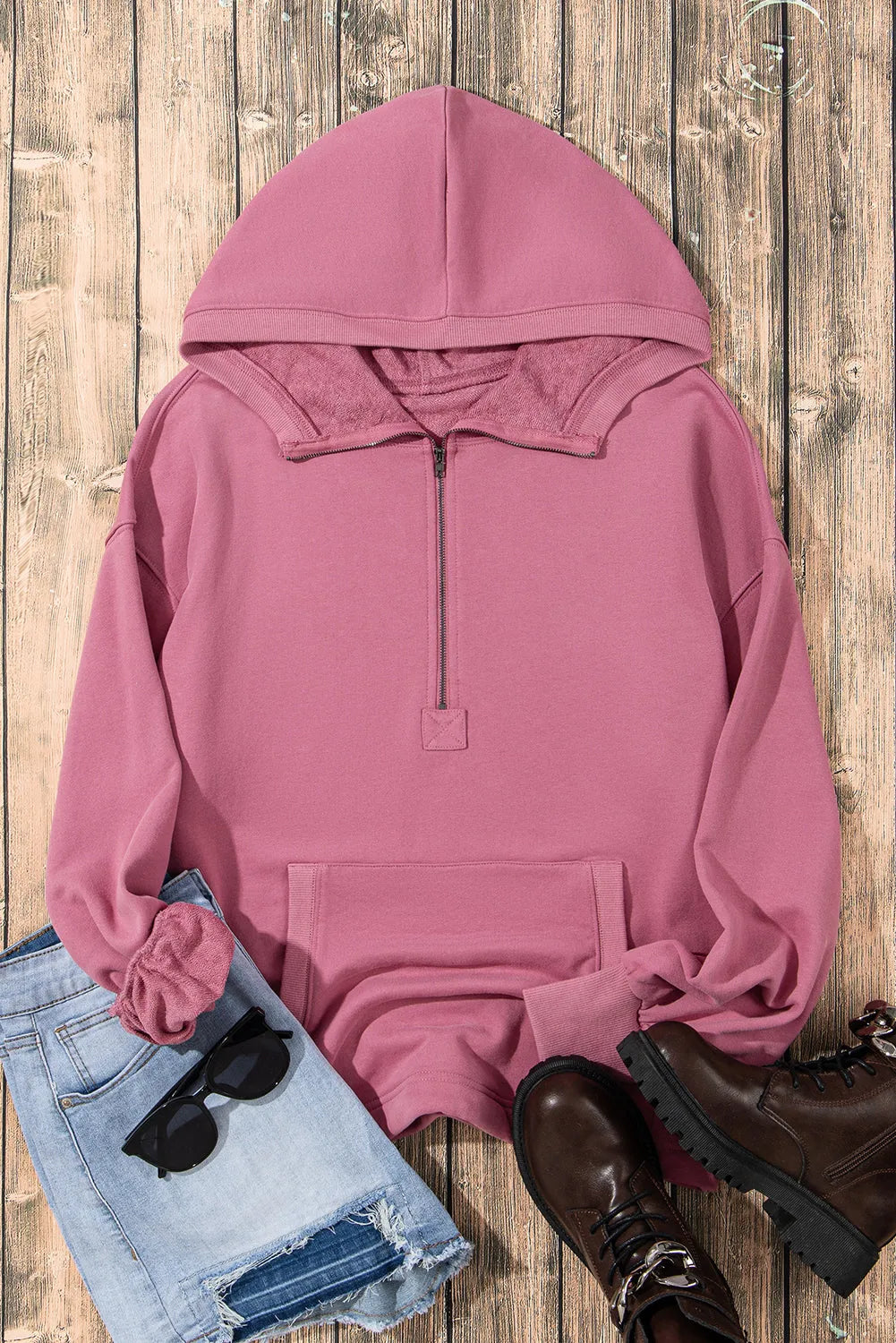 Valerian Solid Kangaroo Pocket Half Zipper Oversized Hoodie - Chic Meadow Boutique 