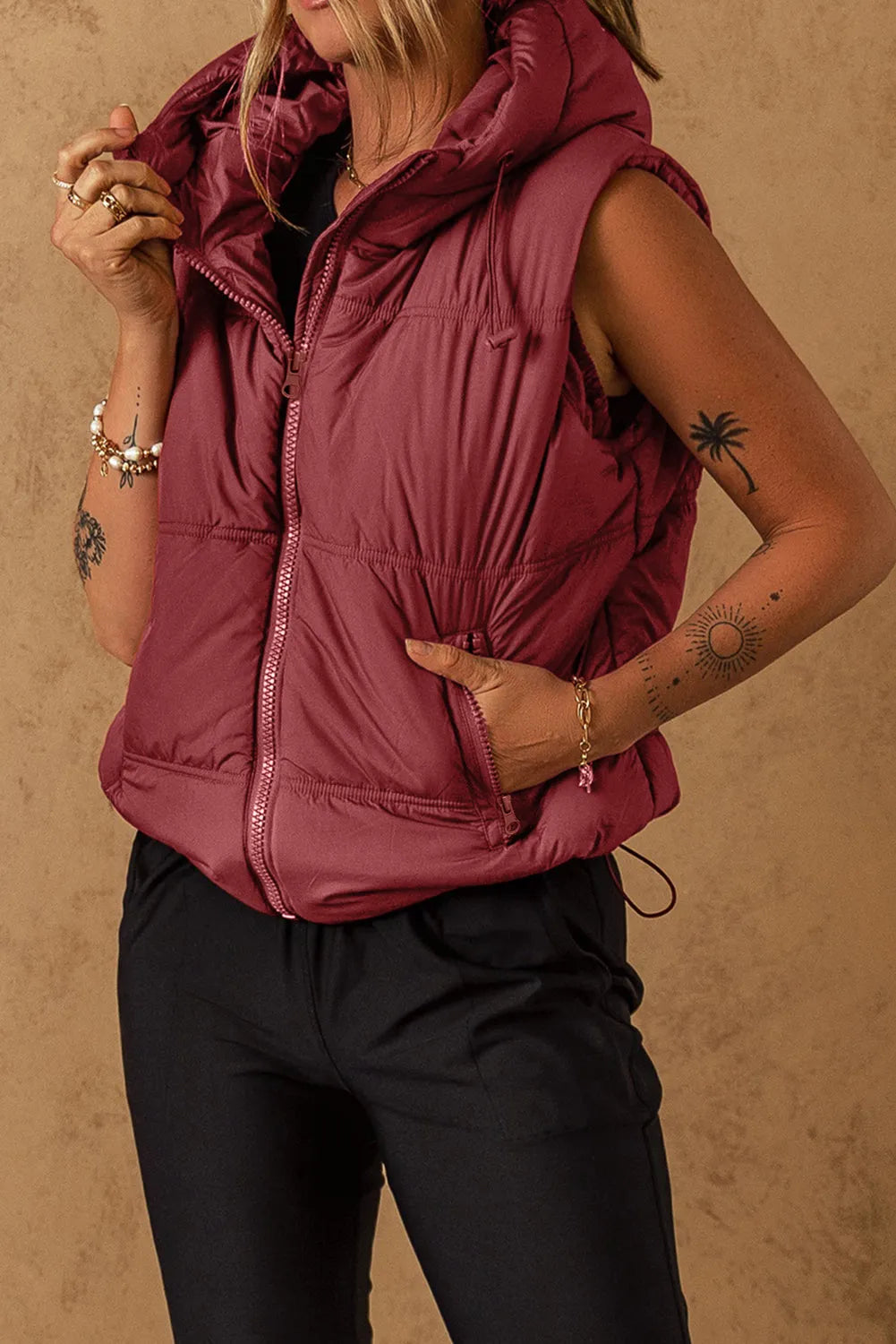 Clay Zip-up Side Pockets Hooded Puffer Vest - Chic Meadow Boutique 