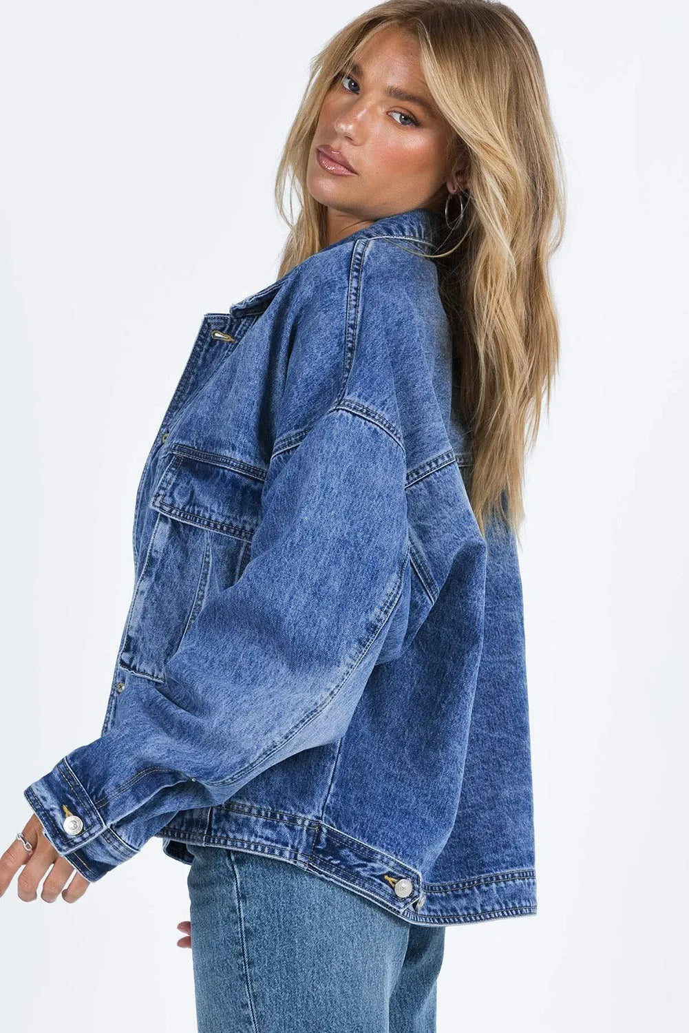 Blue Chest Pockets Drop Shoulder Loose Denim Jacket - Chic Meadow Boutique 