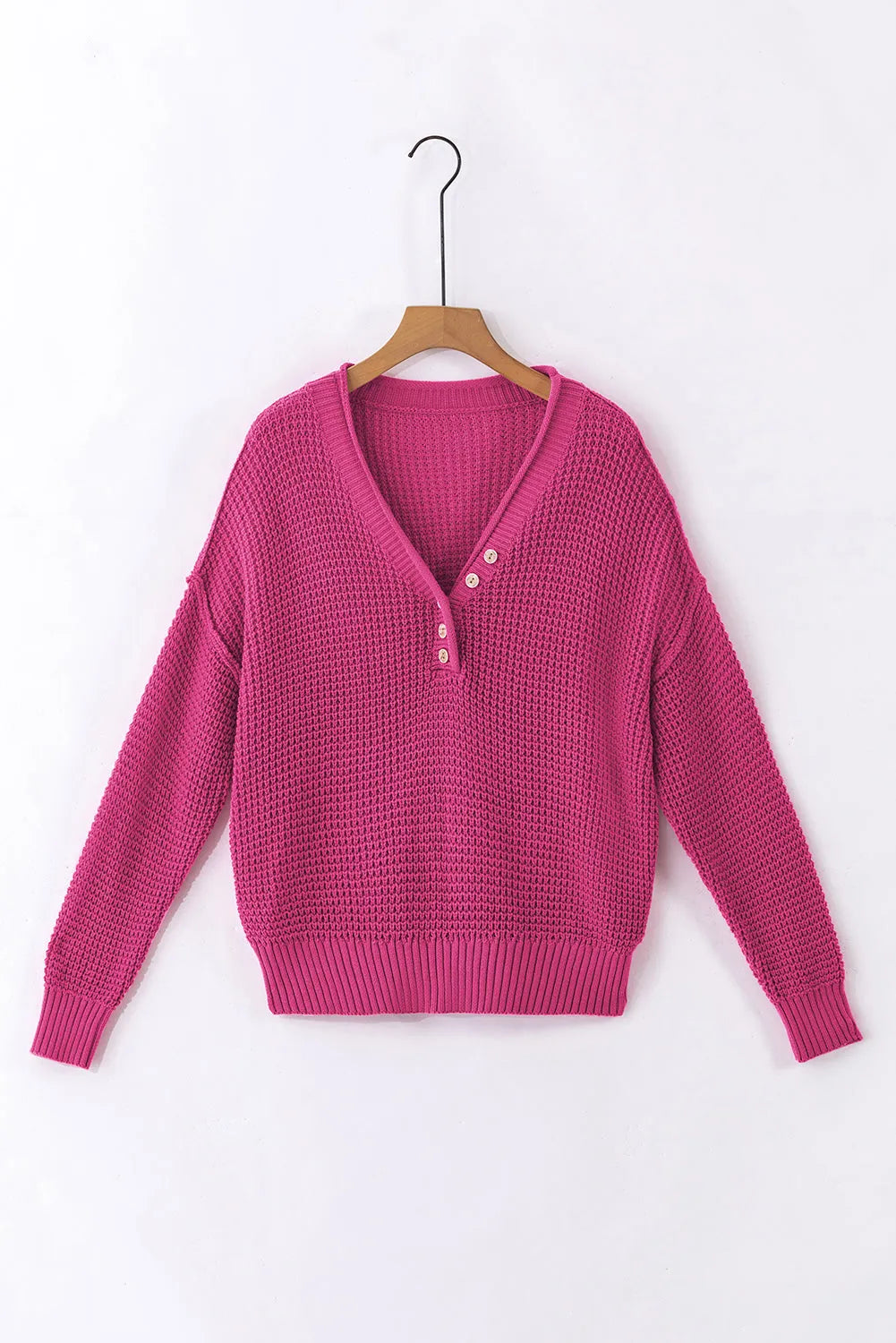 Rose Red Pointelle Knit Button V Neck Drop Shoulder Sweater - Chic Meadow Boutique 