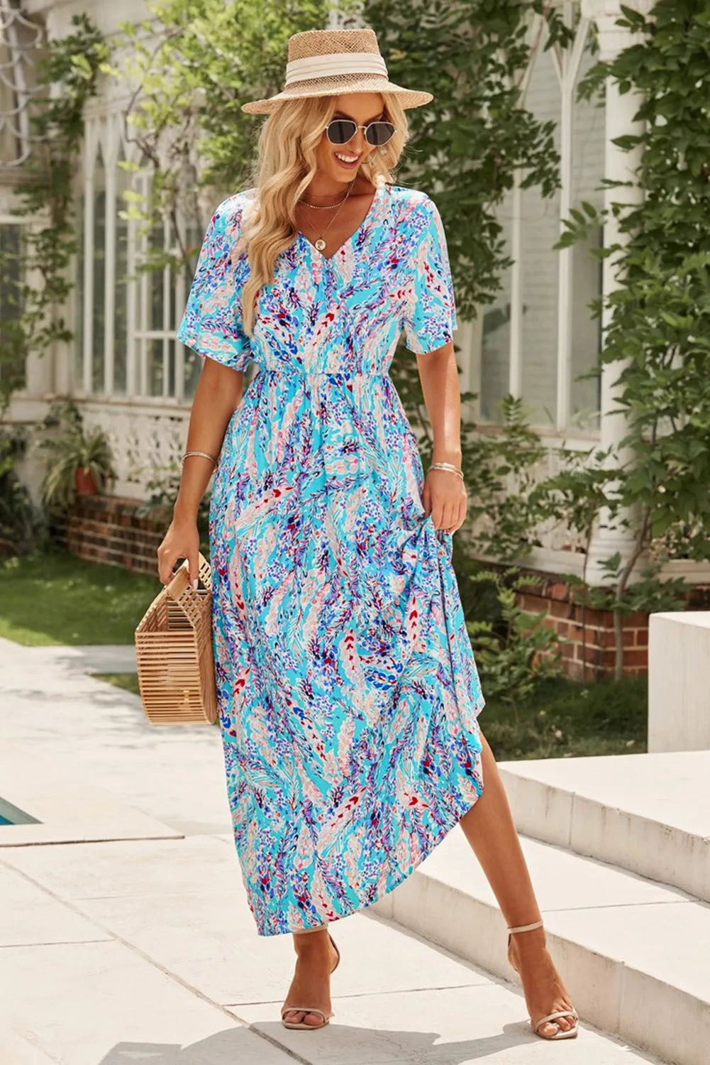 Dresses/Floral Dresses Green Wrap V Neck Floral Maxi Dress