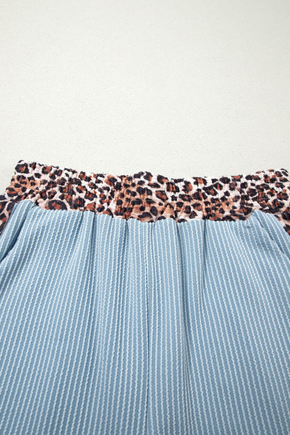Sky Blue Leopard Trim Twist Ribbed Short Set
