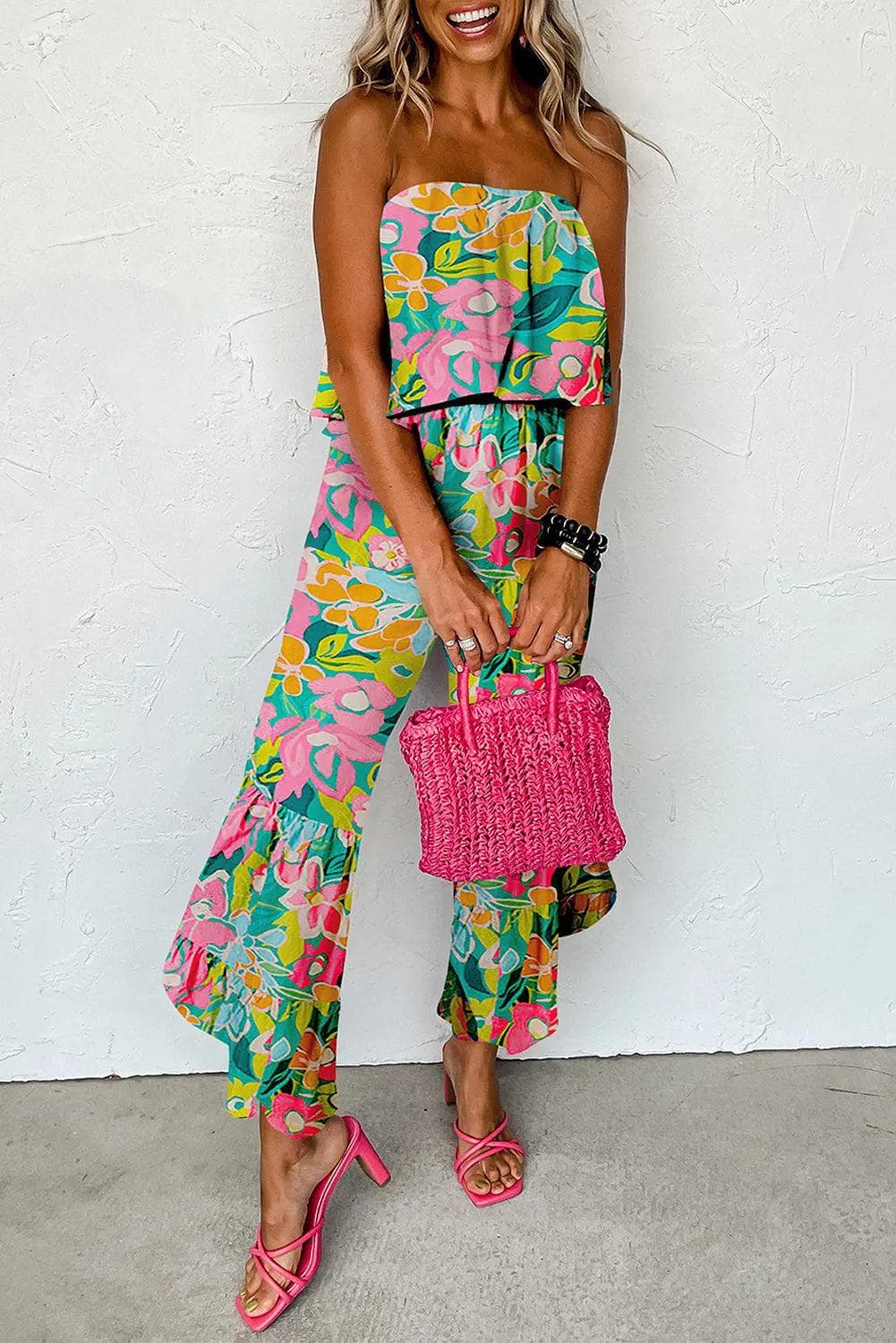 Bottoms/Jumpsuits & Rompers Green / S / 100%Polyester Green Mix Tropical Print Strapless Ruffled Jumpsuit