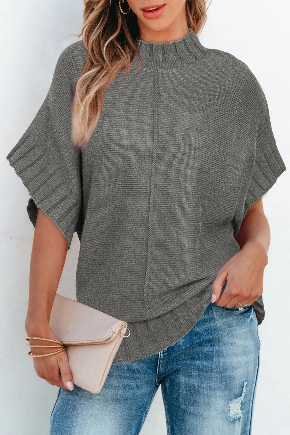 Medium Grey Mock Neck Batwing Short Sleeve Knit Sweater - Chic Meadow Boutique 