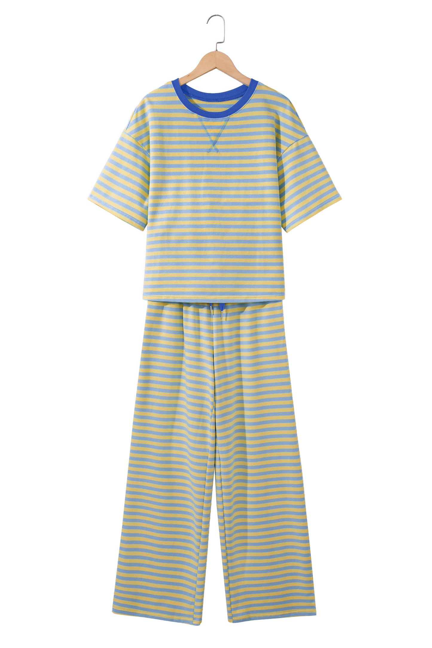 Yellow Stripe Colorblock Trim Crew Neck Loose Tee Drawstring Elastic Waist 2pcs Pant Set