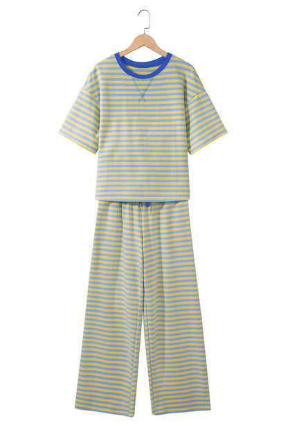 Yellow Stripe Colorblock Trim Crew Neck Loose Tee Drawstring Elastic Waist 2pcs Pant Set