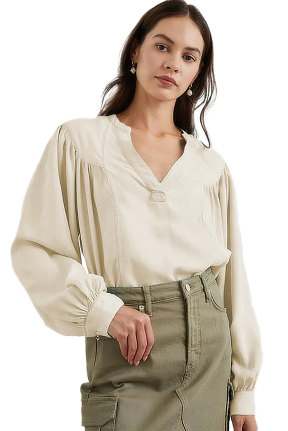 White Solid Color Lantern Sleeve Notched V Neck Blouse - Chic Meadow Boutique 