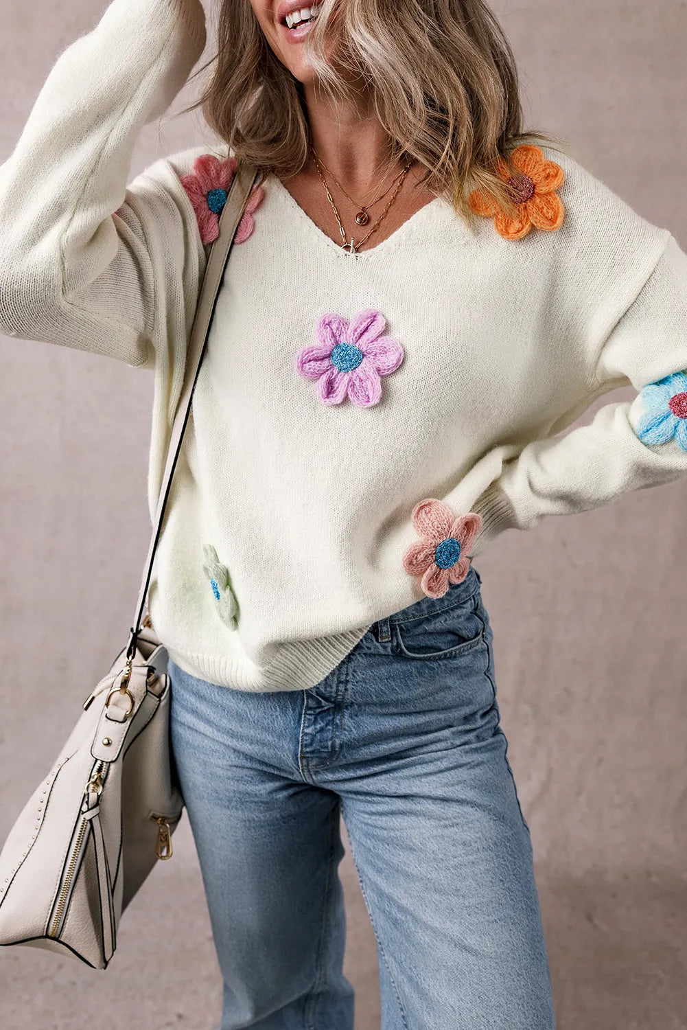 White Crochet Flower V Neck Sweater - Chic Meadow Boutique 