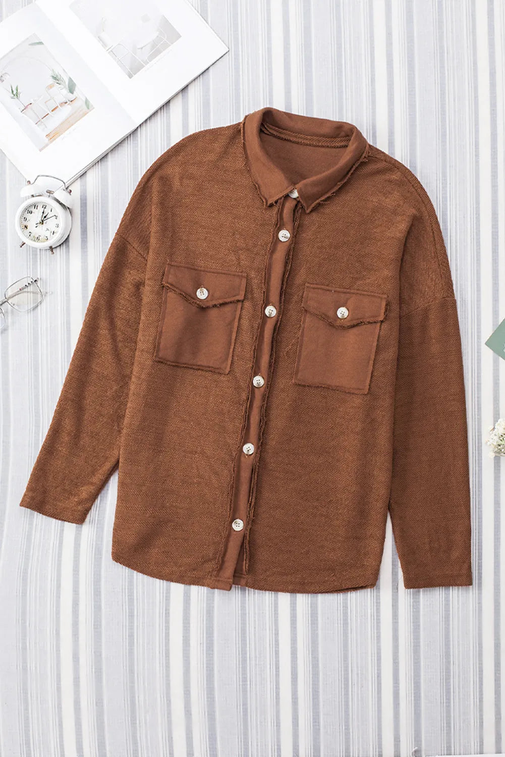 Brown Contrast Flap Pockets Relaxed Shacket - Chic Meadow Boutique 