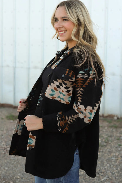 Black Western Aztec Print Accent Fleece Shacket - Chic Meadow Boutique 