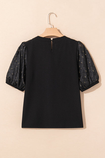 Black Feather Bubble Sleeve Patchwork Textured Blouse