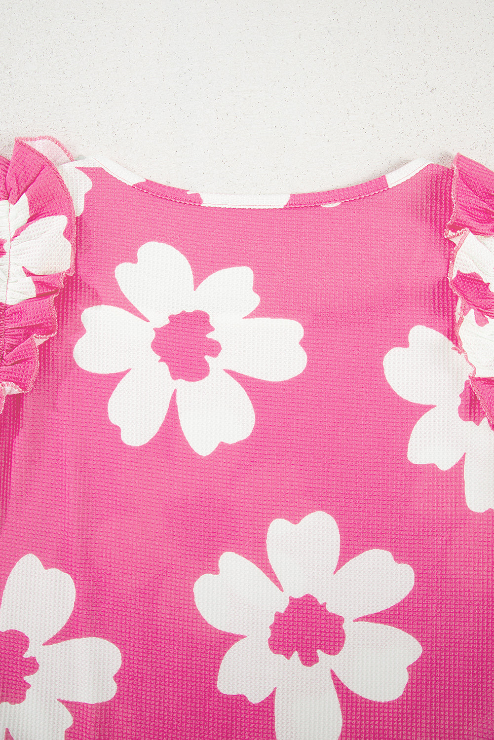 Pink Floral Textured Ruffled Short Sleeve Square Neck Blouse