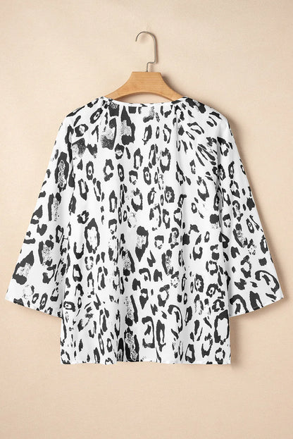 Black Leopard Print Ruched V Neck 3/4 Sleeve Blouse - Chic Meadow Boutique 