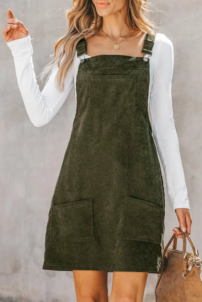 Vineyard Green Solid Front Pockets Sleeveless Corduroy Overall Dress - Chic Meadow Boutique 