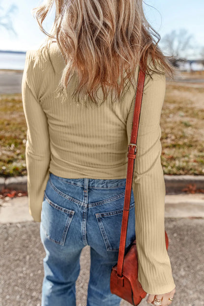 Beige Ribbed Buttoned Collar Long Sleeve Slim Fit Top - Chic Meadow Boutique 