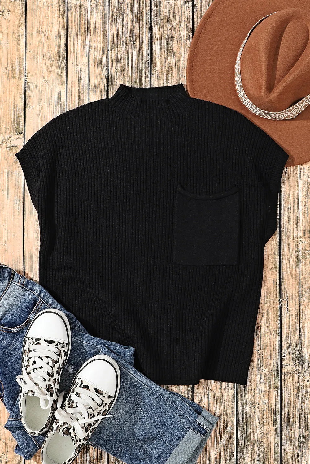 Black Patch Pocket Ribbed Knit Short Sleeve Sweater - Chic Meadow Boutique 