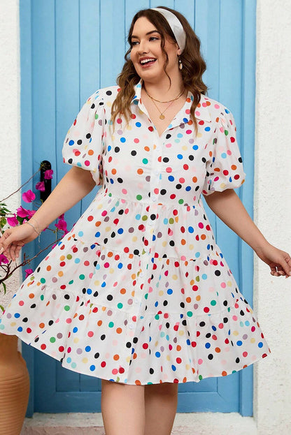 White Polka Dot Print Bubble Sleeve Button Up Plus Size Shirt Dress