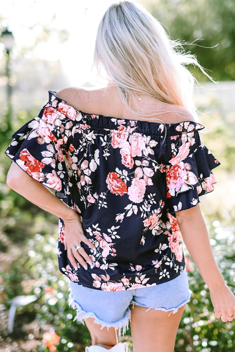 Blue Ruffle Off Shoulder Flounce Sleeve Floral Blouse - Chic Meadow Boutique 