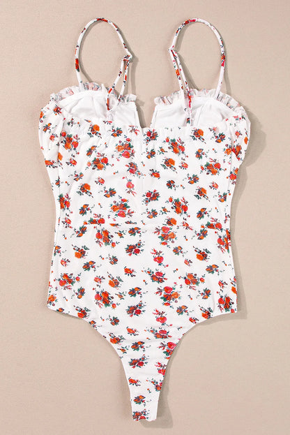 White Floral V Cut Frilled Trim Spaghetti Straps Bodysuit - Chic Meadow Boutique 