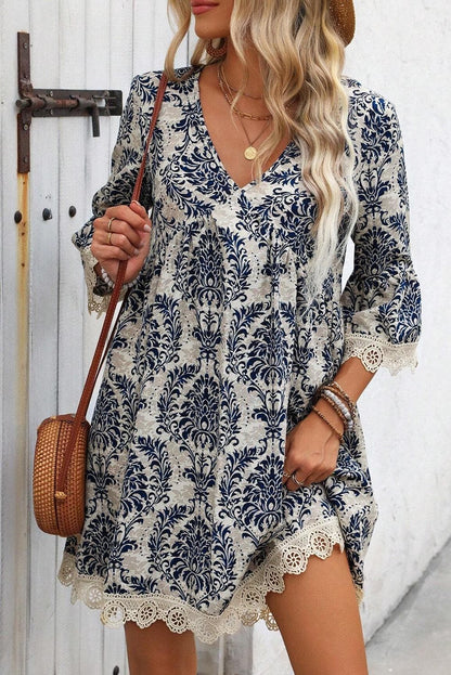 Dresses/Mini Dresses Sky Blue Vintage Printed Lace Trim V Neck 3/4 Sleeve Loose Dress