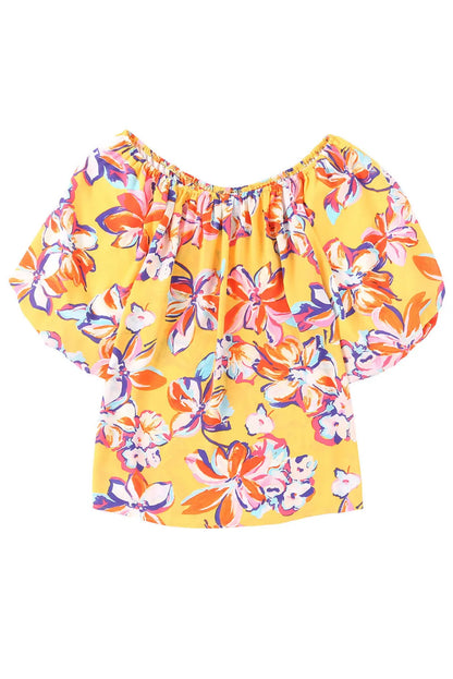 Yellow Floral Print Elastic Neckline Blouse - Chic Meadow Boutique 