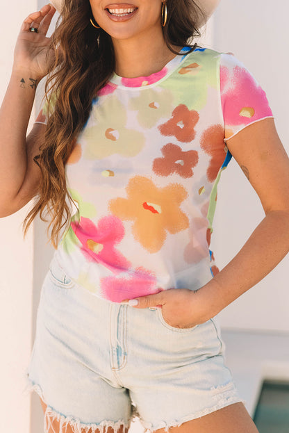 Multicolour Floral Mesh Lettuce Trim Cropped T Shirt