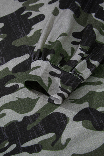 Green Retro Camouflage Print Exposed Seam Patchwork Drop Shoulder Sweatshirt
