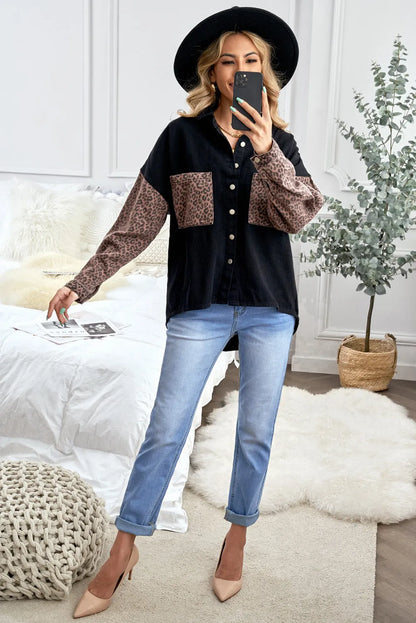 Black Contrast Leopard Denim Jacket - Chic Meadow Boutique 