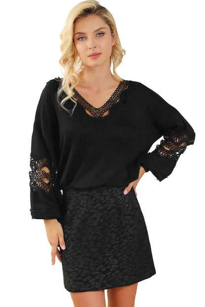 Black Hollowed Lace Splicing V Neck Loose Sweater - Chic Meadow Boutique 