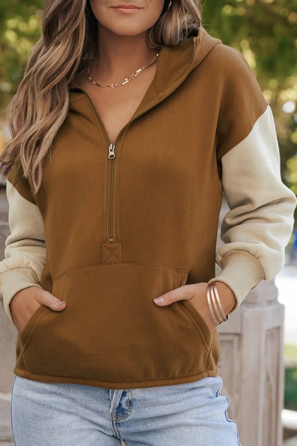 Chestnut Color Block Half Zip Kangaroo Pocketed Hoodie - Chic Meadow Boutique 