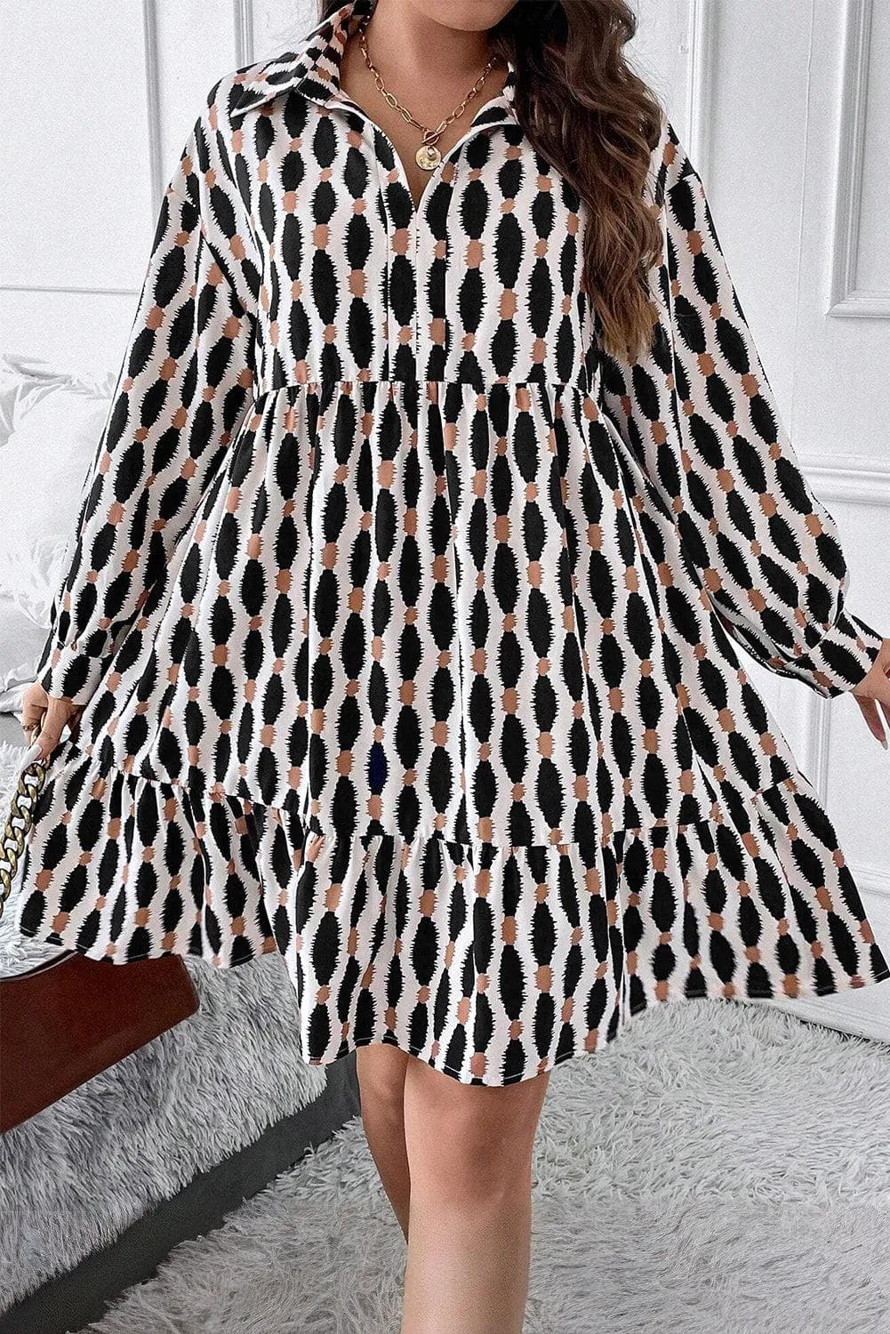 Plus Size/Plus Size Dresses/Plus Size Mini Dresses Apricot Geometric Print Collared V Neck Plus Size Mini Dress