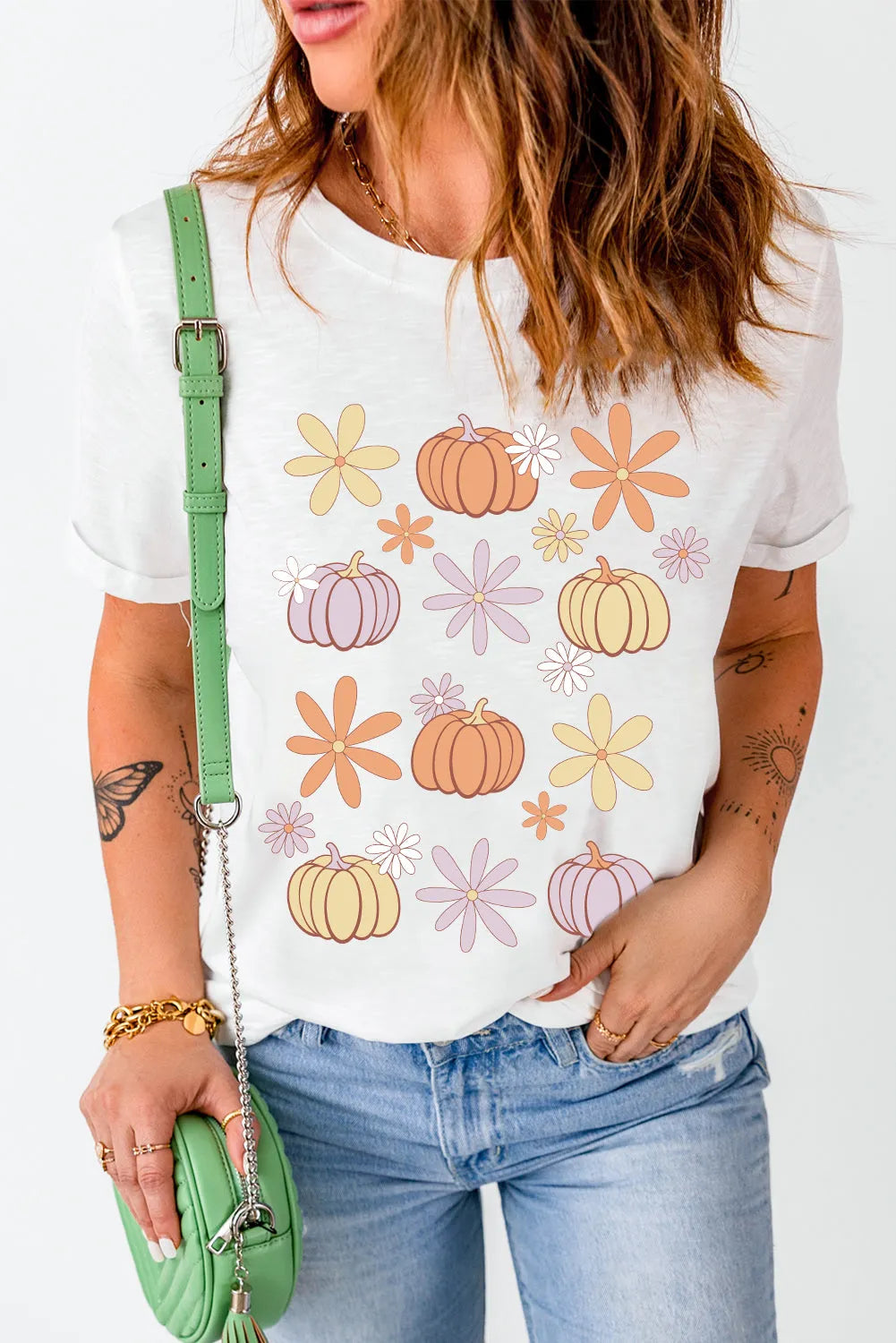 White Floral Pumpkin Graphic Crewneck Halloween T Shirt - Chic Meadow Boutique 